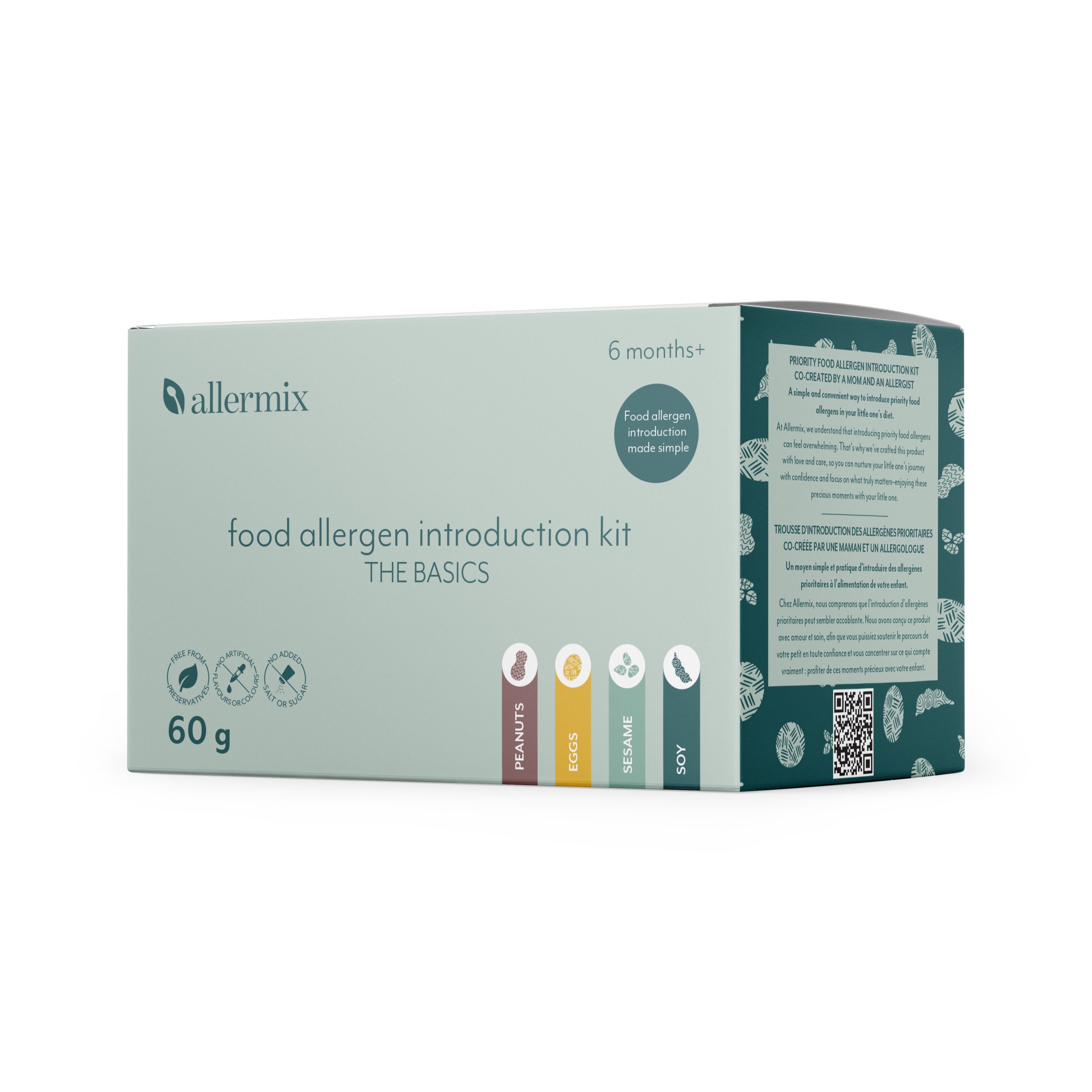 Allermix Food Allergen Introduction Kit – The Basics, including powdered egg, peanut, sesame and wheat for early allergen exposure in babies.