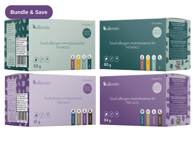 Four boxes of Allermix food allergen introduction and maintenance kits on a white background