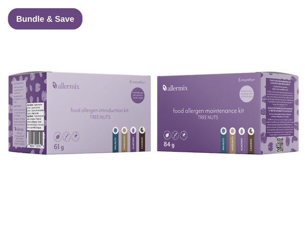 Two purple boxes of allermix food allergen introduction and maintenance kits on a white background