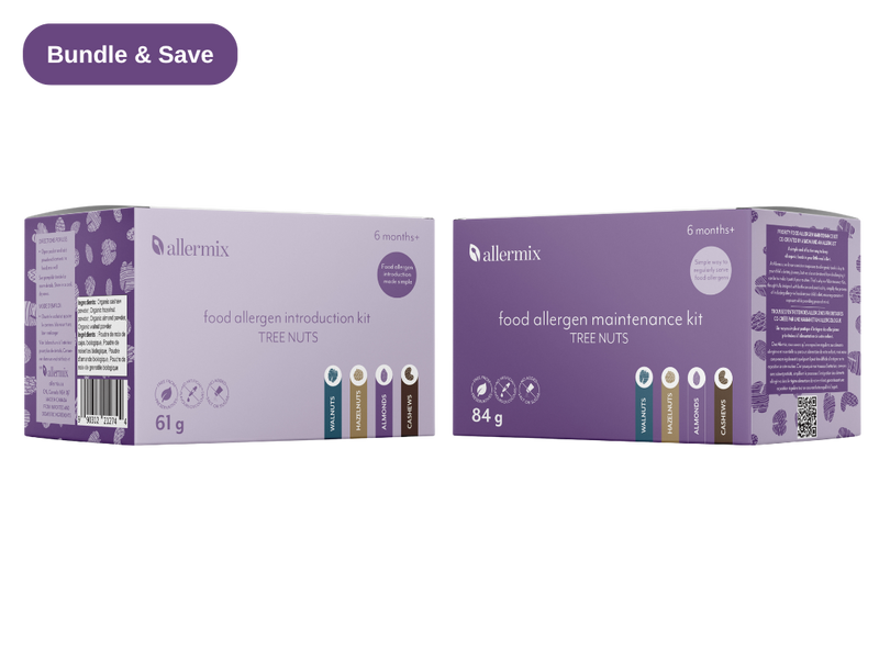 Two purple boxes of allermix food allergen introduction and maintenance kits on a white background