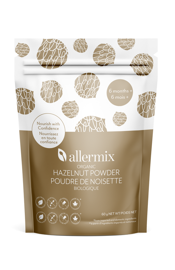 Allermix organic hazelnut powder packaging on a white background