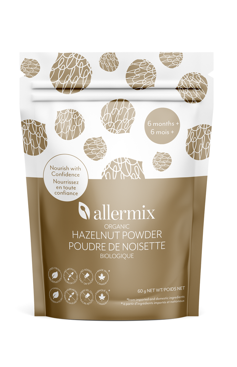 Allermix organic hazelnut powder packaging on a white background