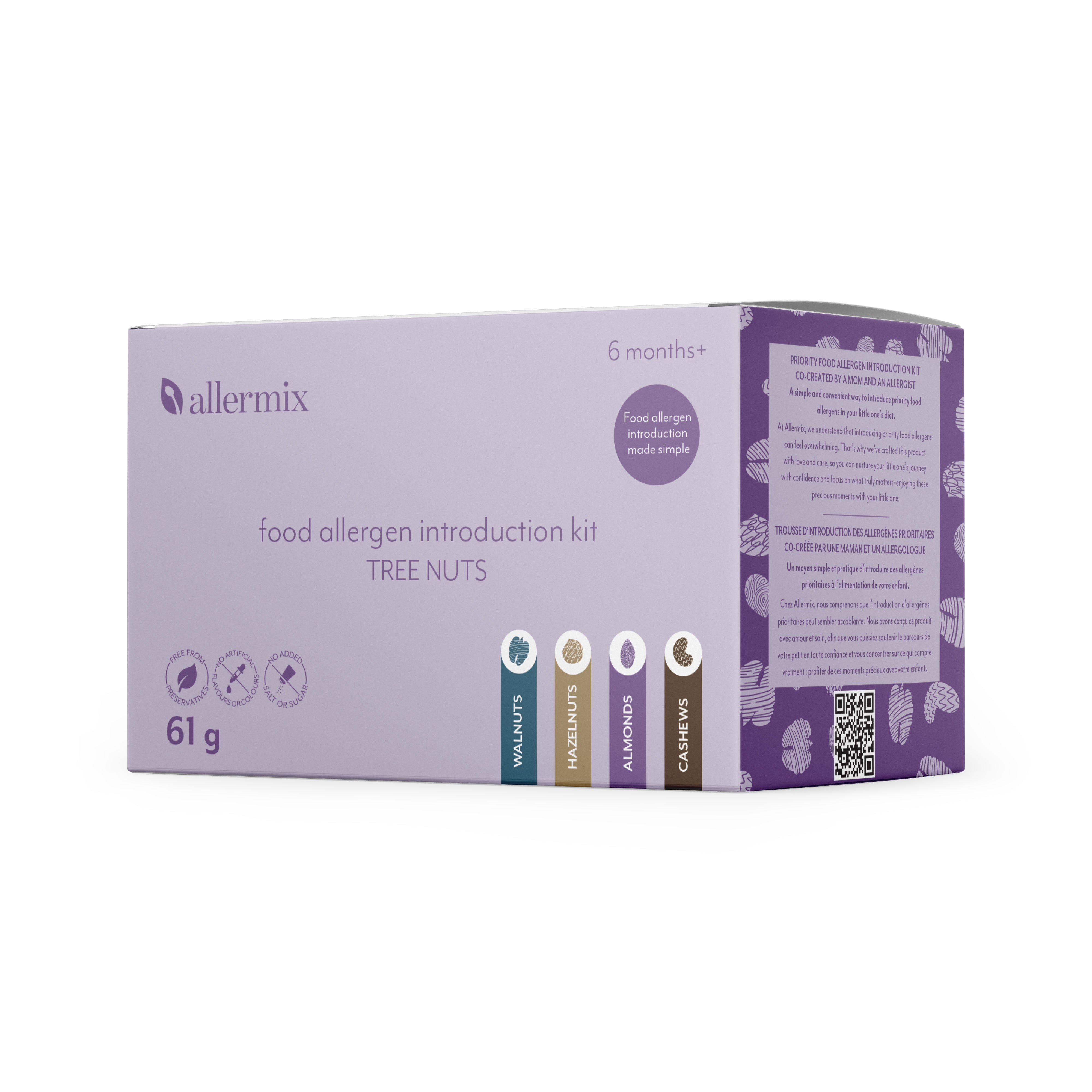 Allermix Food Allergen Introduction Kit – The Nuts, featuring walnut, hazelnut, almond and cashew powders for infants aged 6 months and up.