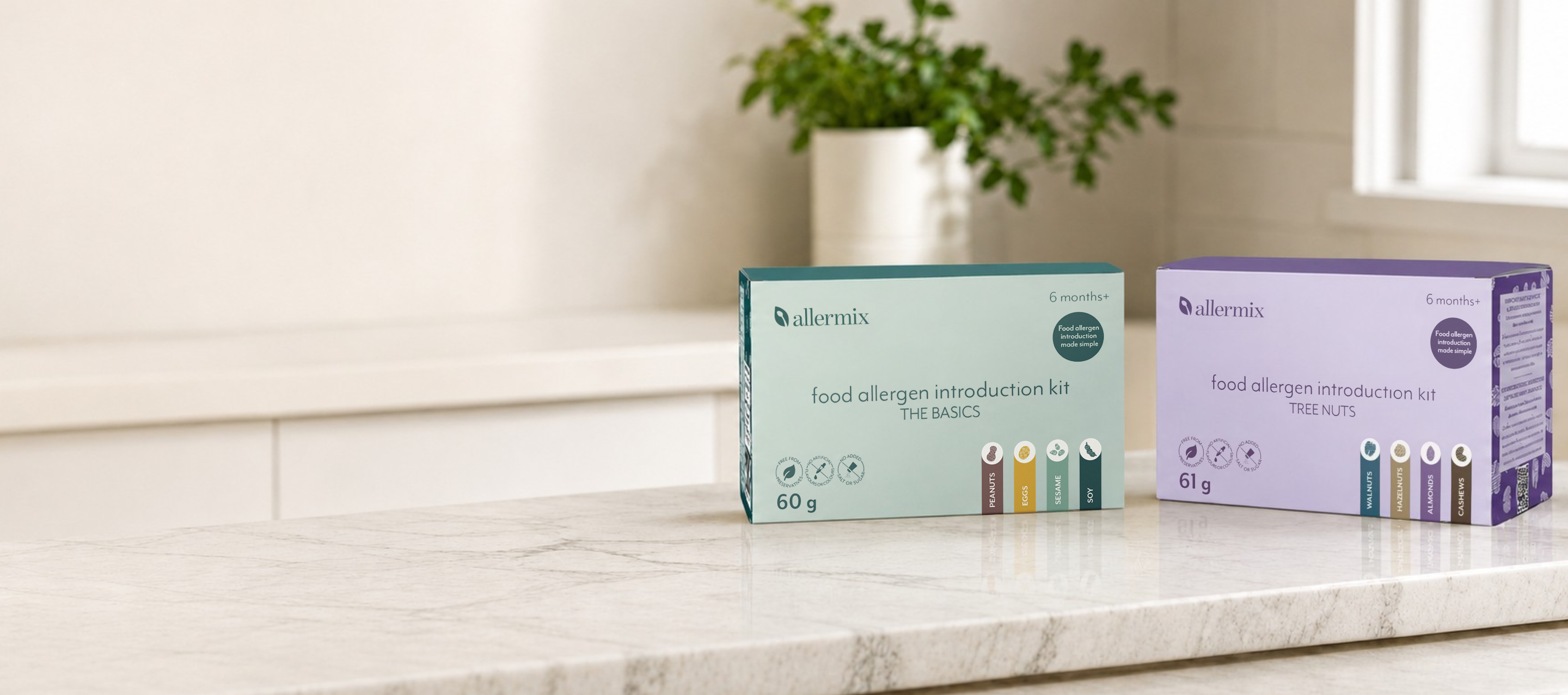 both allermix food allergen introduction kits on a kitchen counter