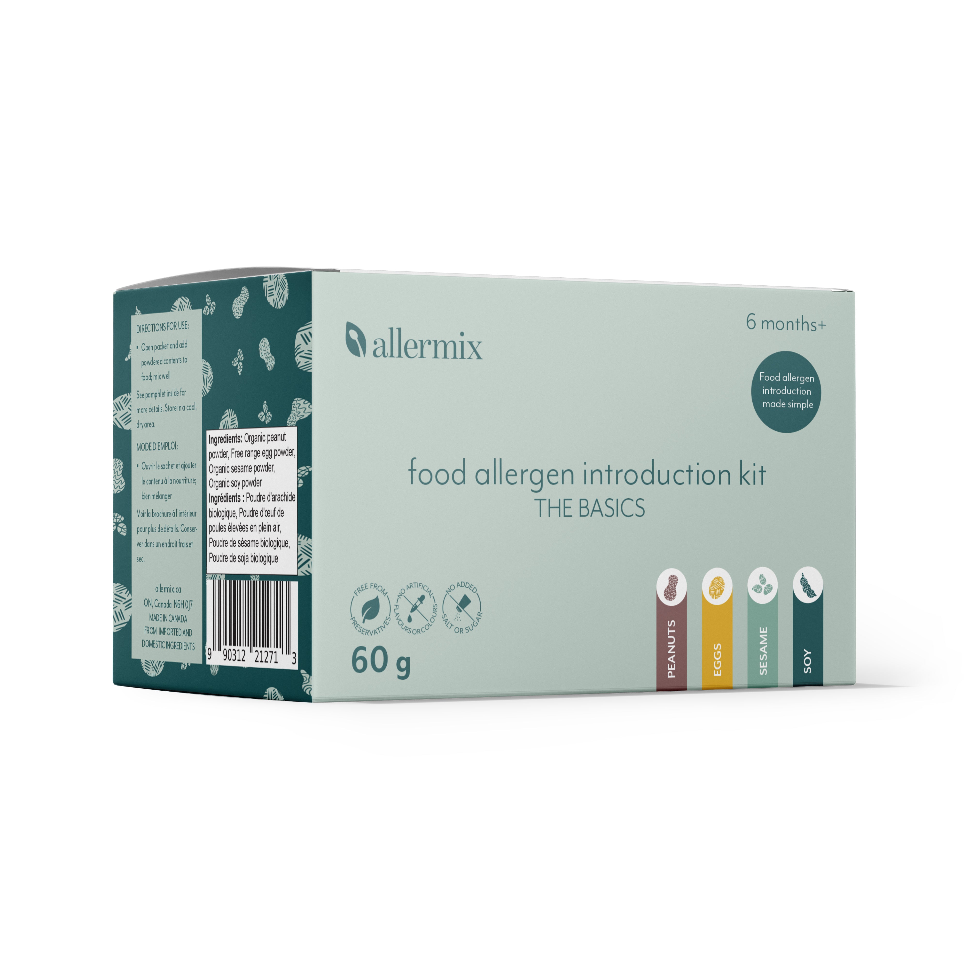Allermix Food Allergen Introduction Kit – The Basics, ingredient side. Egg, peanut, and wheat.