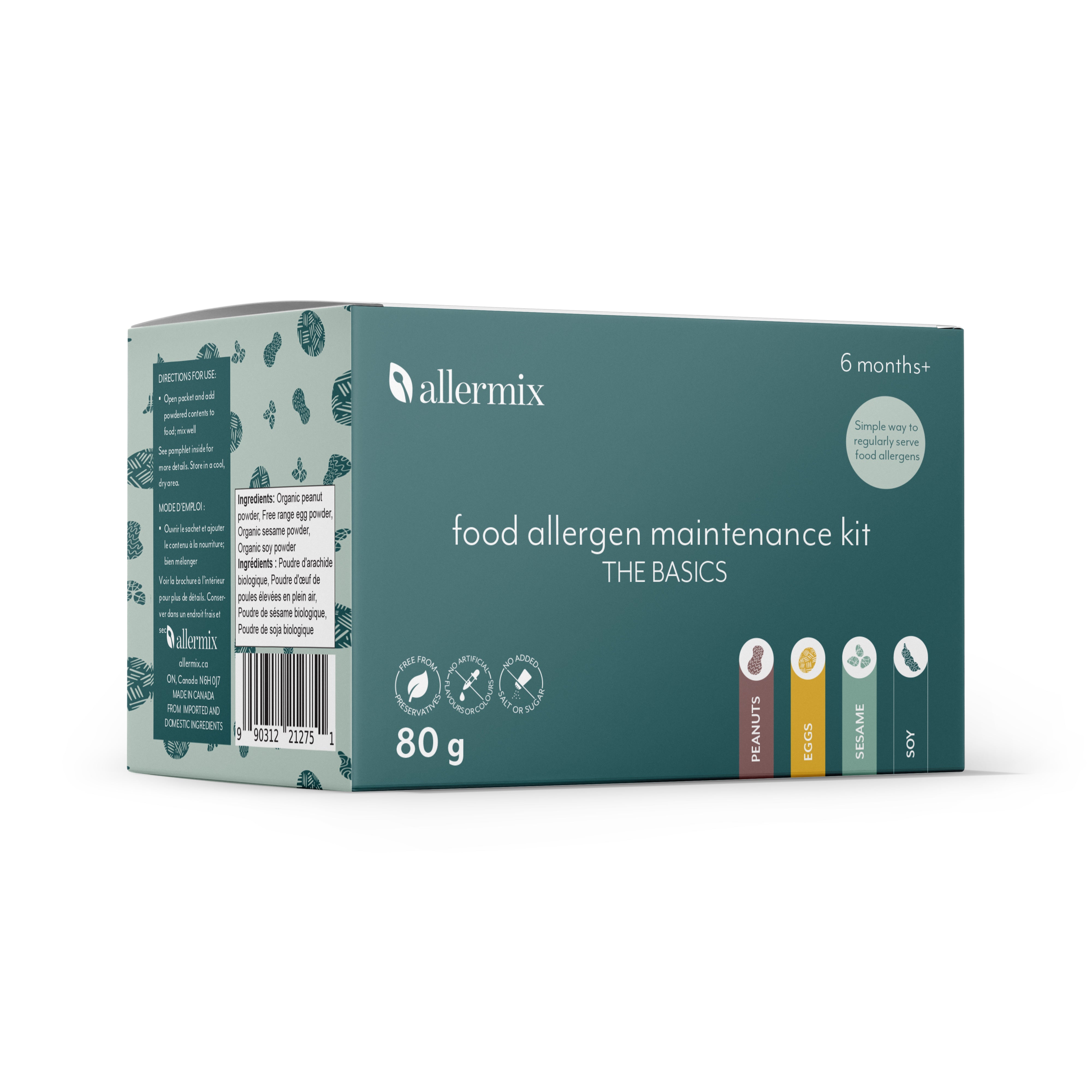 Allermix Food Allergen Maintenance Kit – The Basics, ingredient side. Egg, peanut, sesame and wheat allergens.