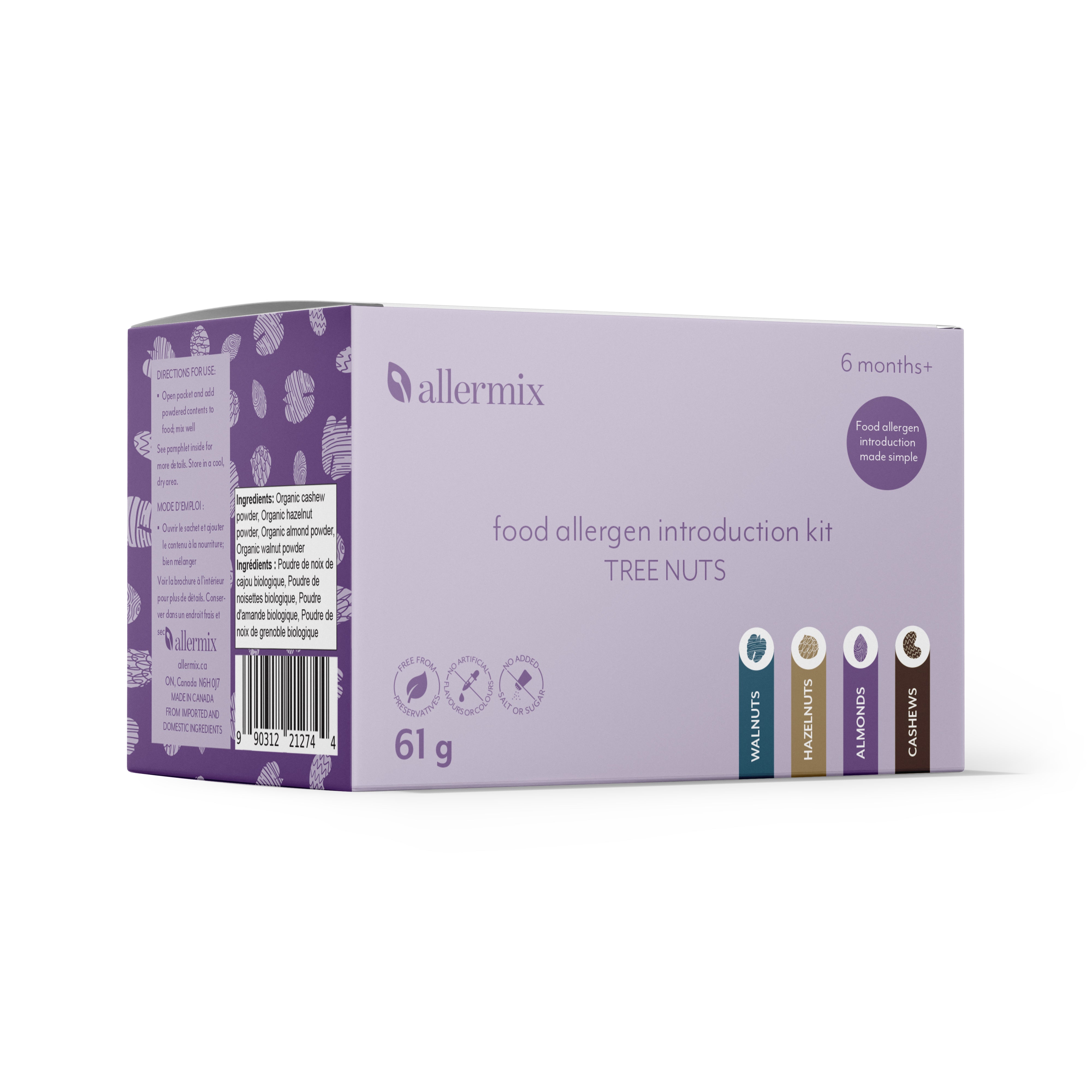 Allermix Food Allergen Introduction Kit – The Nuts, ingredient side. Walnuts, hazelnuts, almonds and cashews.