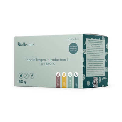Allermix Food Allergen Introduction Kit – The Basics, including powdered egg, peanut, sesame and soy for early allergen exposure in babies.