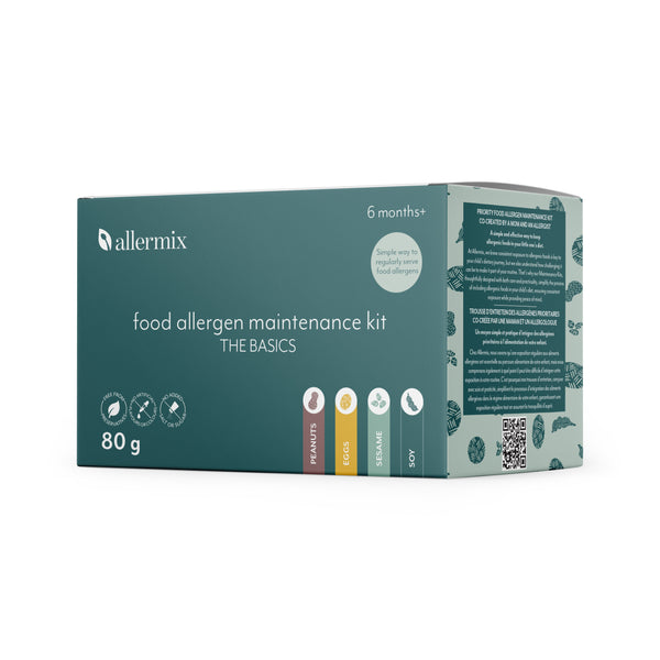 Allermix Food Allergen Maintenance Kit – The Basics, supporting continued introduction of egg, peanut, sesame and soy allergens for babies.
