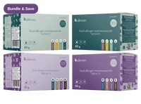 Four boxes of Allermix food allergen introduction and maintenance kits on a white background
