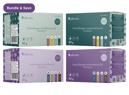 Four boxes of Allermix food allergen introduction and maintenance kits on a white background