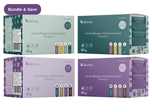 Four boxes of Allermix food allergen introduction and maintenance kits on a white background