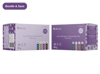 Two purple boxes of allermix food allergen introduction and maintenance kits on a white background