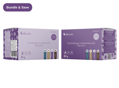 Two purple boxes of allermix food allergen introduction and maintenance kits on a white background