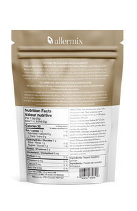 Allermix hazelnut product packaging with nutrition facts label on a white background