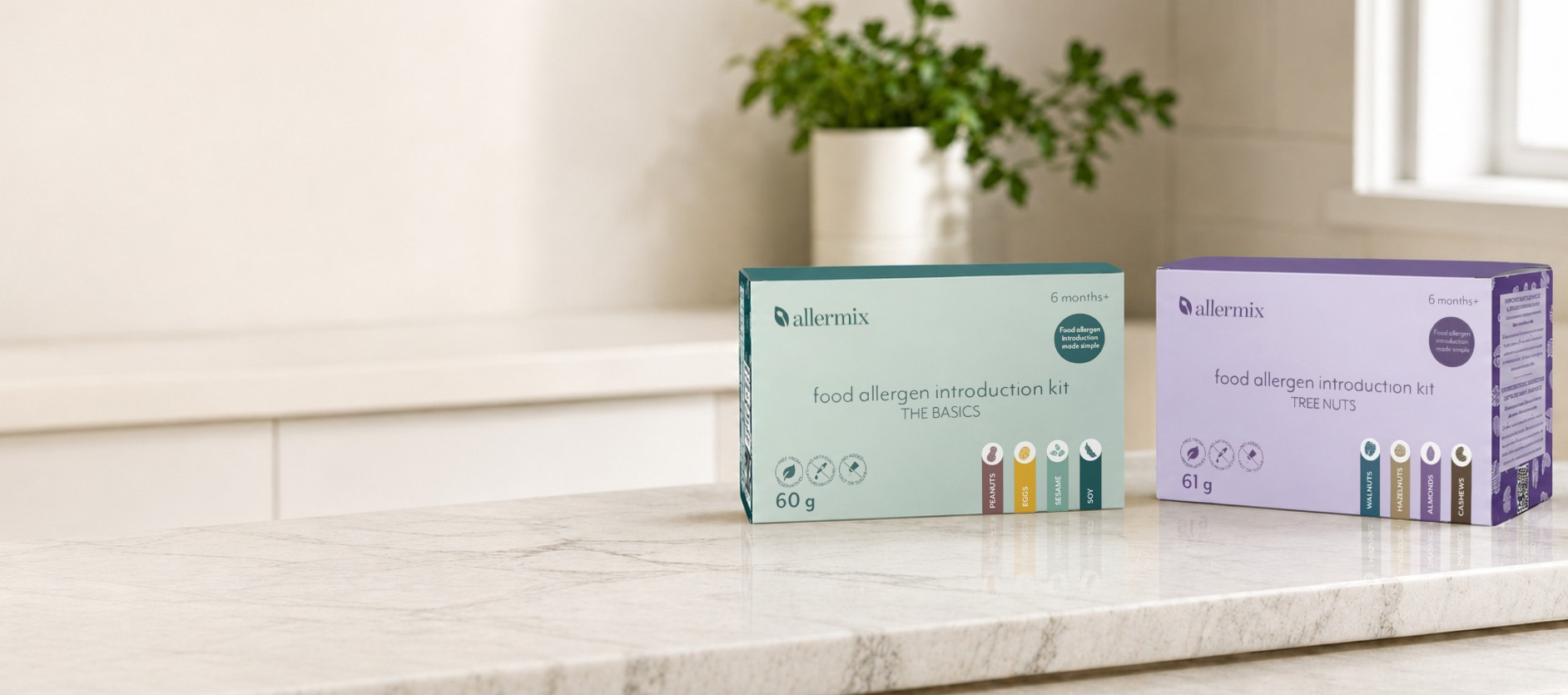 both allermix food allergen introduction kits on a kitchen counter